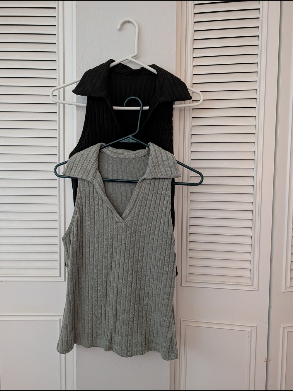 2 Sleeveless Ribbed Collared Knit Top — Sage Green